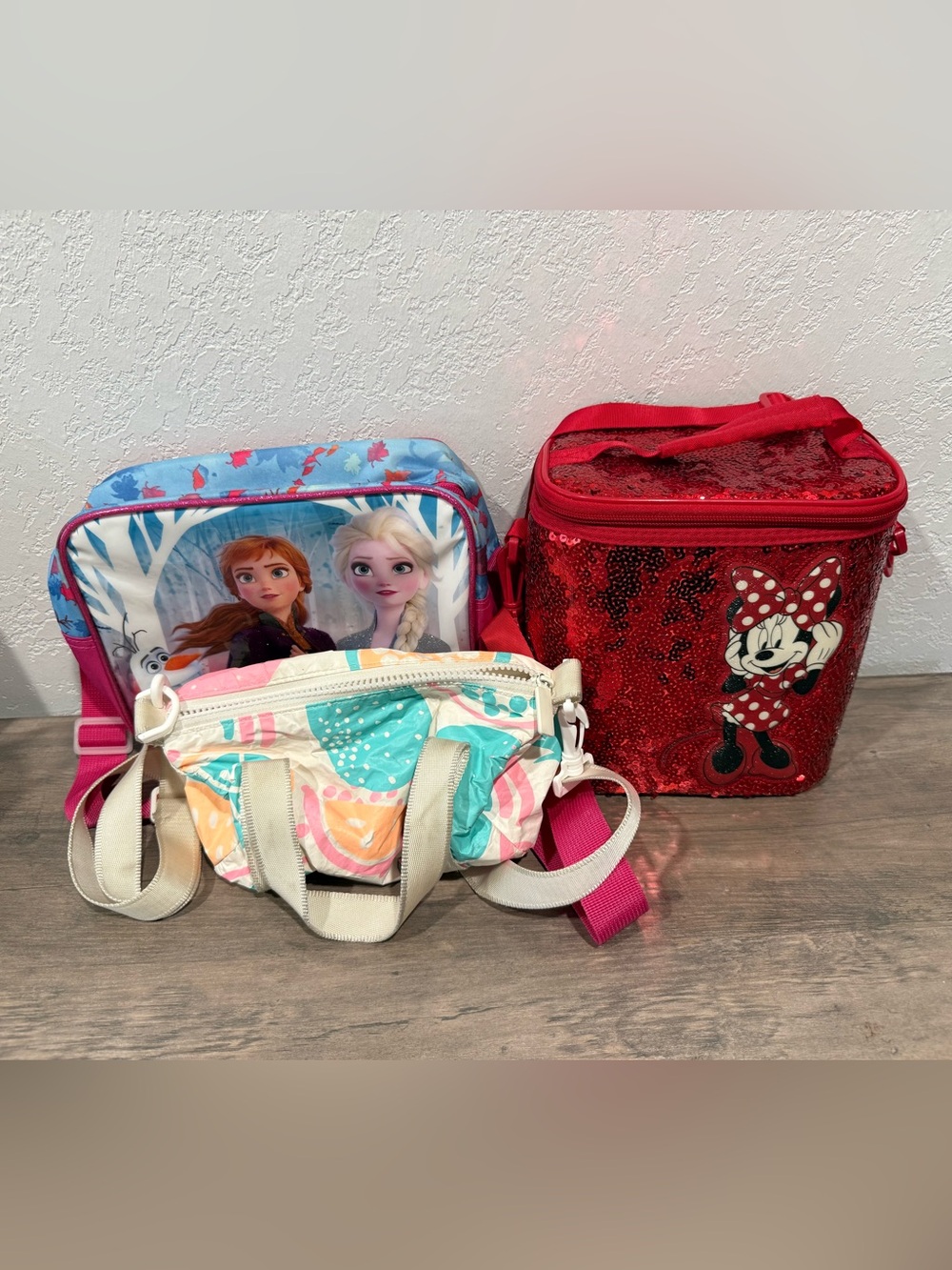 Girls Bag Bundle. Minnie Mouse Red Sequin Lunch Pale or Bag, Aloha & Frozen bag.